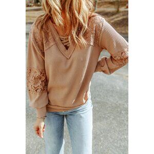 Women's Lace Sleeve Criss Cross V Neck Waffle Tops Size S/M/L/SL